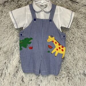 Vintage Navy White Gingham Plaid Alligator Giraffe Watermelon 2 Piece Outfit